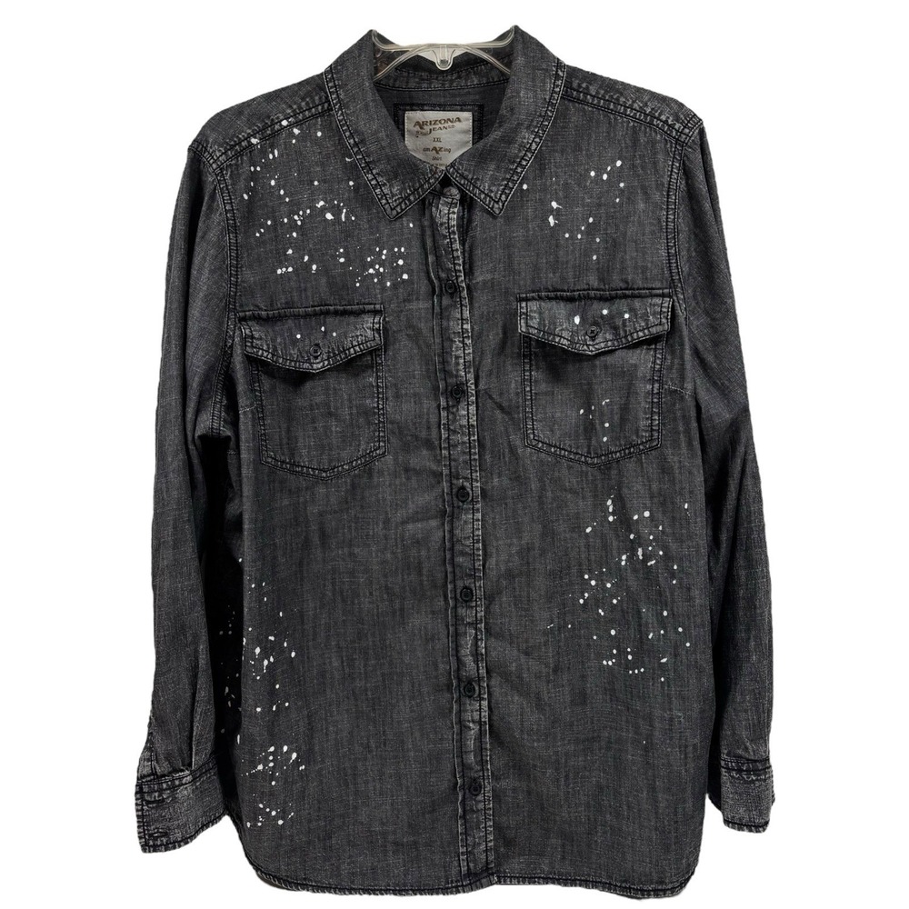 Arizona Jeans Button Up‎ Shirt XXL Black Paint Splatter Long Sleeve Pockets